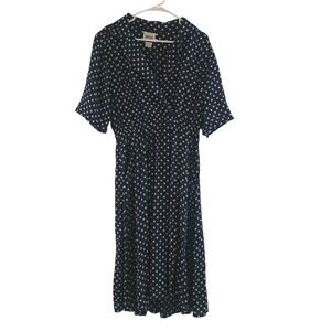 Leslie Fay Petite Polka Dot Navy Blue Midi Dress Size 12